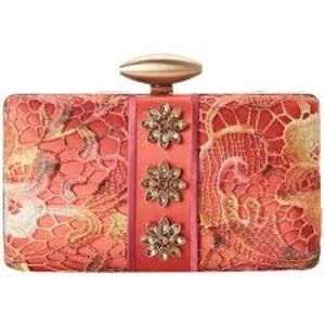 Mary Frances Designer Coral Lace Embellished Clutch with Antique Gold Details